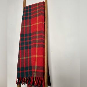 Plaid Fringed Blanket, Red Wool Throw, Farmhouse Decor, 63”x56”